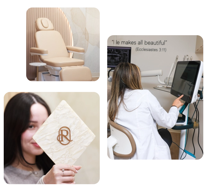 Dental spa room, a patient holding the Restore Dental monogram, and Dr. Stephanie at the chairside screen