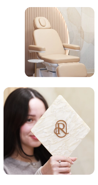 Dental spa treatment chair and a patient holding the Restore Dental monogram