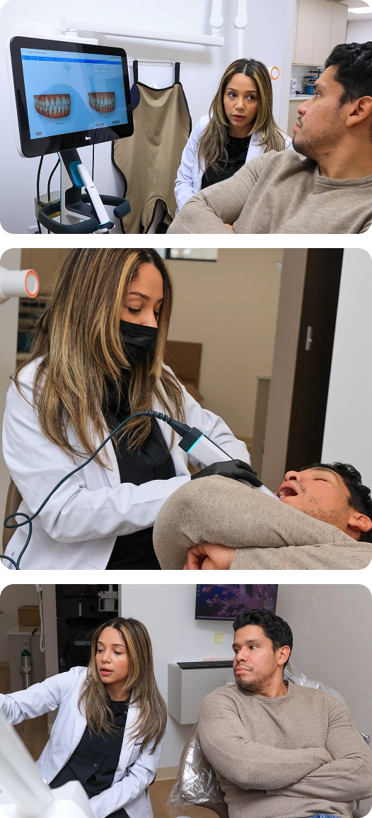 Dr. Stephanie reviewing a smile simulation, taking a digital scan, and consulting with a patient