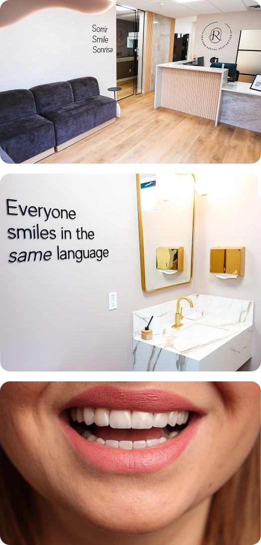 Reception area, the Everyone smiles in the same language wall, and a patient's finished smile at Restore Dental