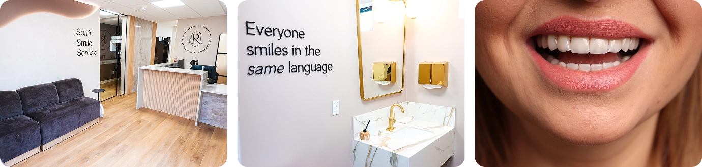 Reception area, the Everyone smiles in the same language wall, and a patient's finished smile at Restore Dental