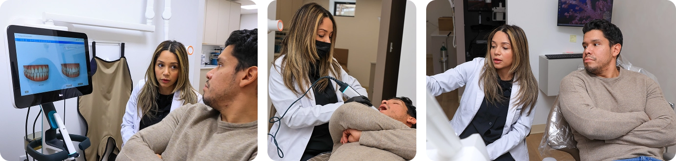 Dr. Stephanie reviewing a smile simulation, taking a digital scan, and consulting with a patient